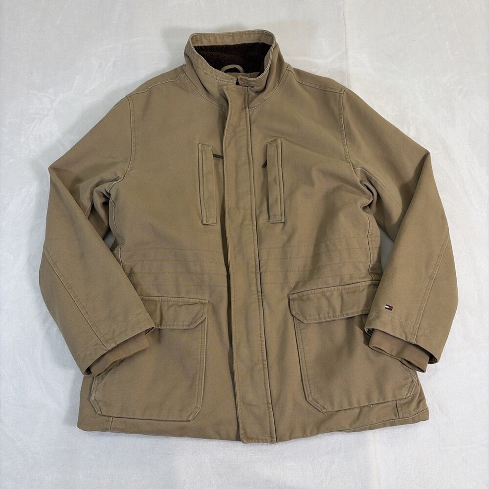 Vintage Tommy Hilfiger Tan Canvas Fleece Lined Chore Jacket Large Utility Chrty